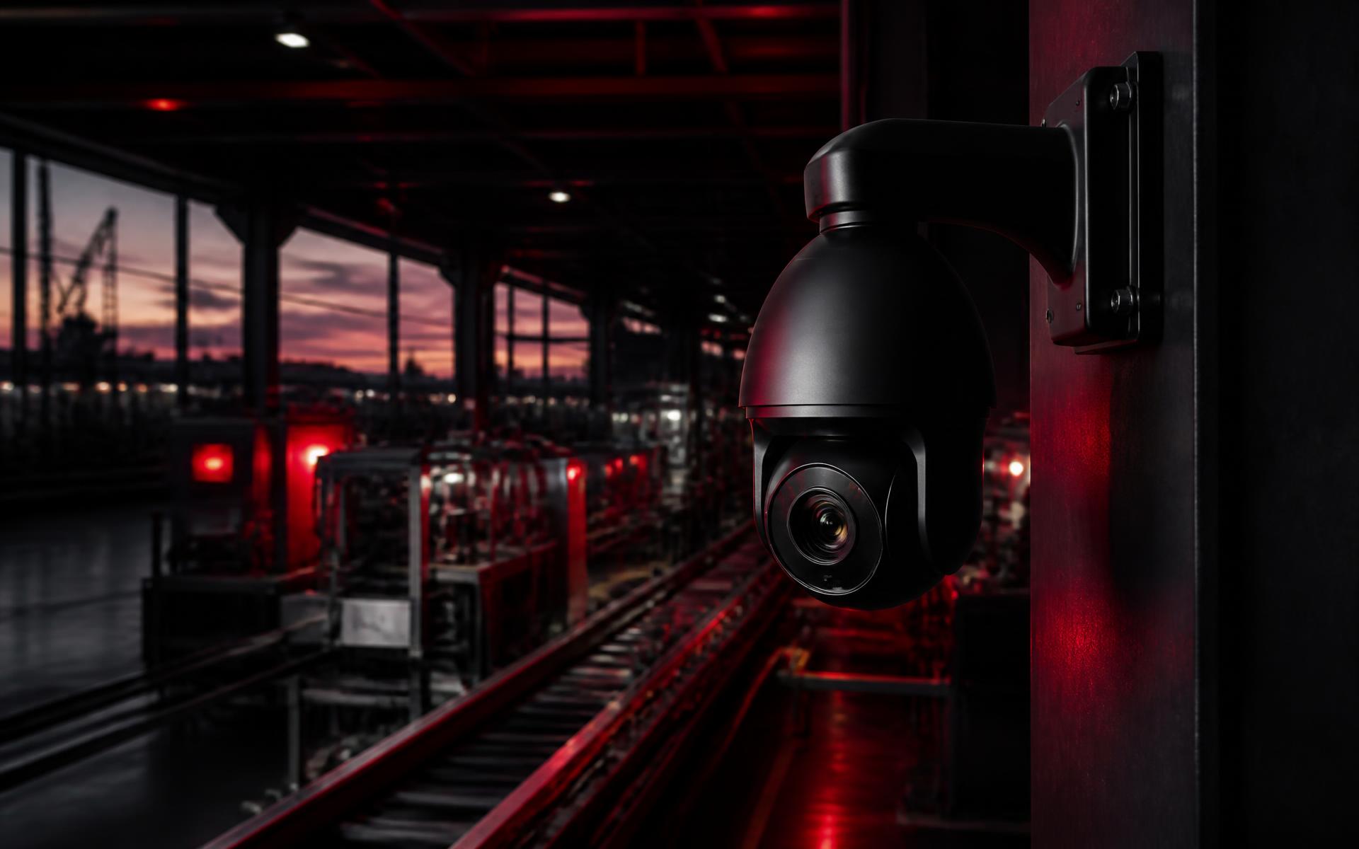Industrial PTZ CCTV camera monitoring a factory production line