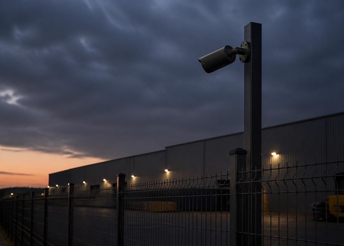 CCTV camera on a pole covering an industrial warehouse perimeter at dusk